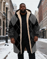 Big & Tall Men's Classic Black Diamond Plaid Printed Velvet Thickened Long Hooded Coat